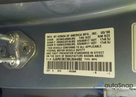 2008 Honda Cr-V Ex-L from USA, damaged, VIN 5J6RE38738L004480